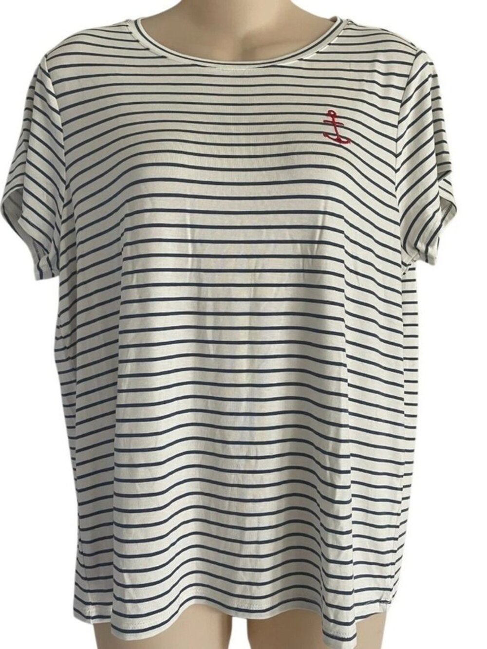 NWOT Britney Women's Navy & White Striped T-Shirt, Size L.